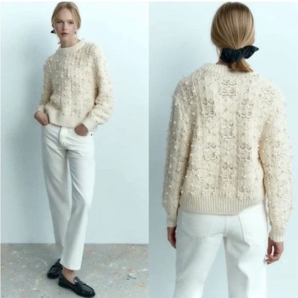 Zara Cream Pearl Textured Embellished Cable Knit Sweater Preppy Wool Blend M - Picture 1 of 12